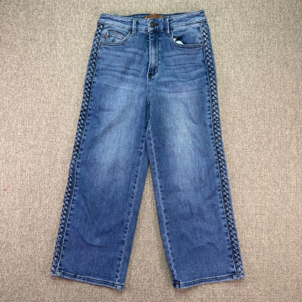 Judy Blue Braided Side Wide Leg Jeans Womens Size 7/28 Medium Wash Raw Hem